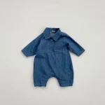 [66-90cm]ノーカラーデニム オールインワン