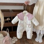 [66-90cm] 小花柄 キルティング ニット襟 あったか カバーオール - Image 6