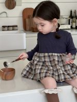 [66-100cm]ニット チェックのパッチワーク ワンピース - Image 3