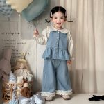 [73-100cm]ハート刺繍デニムベスト デニムパンツ 襟付きシャツ - Image 4