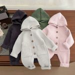 [66-100cm]大きめ ポケット ニット フード カバーオール - Image 9