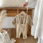 [66-90cm] ボーダー ニットトップス&サロペット 2点セット - Image 12