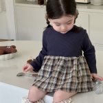 [66-100cm]ニット チェックのパッチワーク ワンピース