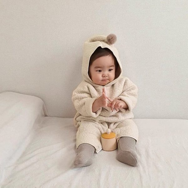 [73-90cm] 帽子付け フリース 長袖 オールインワン