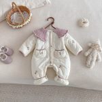 [66-90cm] 小花柄 キルティング ニット襟 あったか カバーオール - Image 12