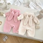 [66-90cm] 小花柄 うさぎ耳 フード付き カバーオール - Image 2