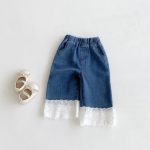 [90-130cm]デニム レース切替 ストレートパンツ