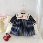 [73-130cm]レトロ 刺繍 ストライプ ワンピース - Image 8