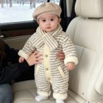 [66-100cm] グリーン×グレー ボーダー カバーオール&マフラー - Image 2