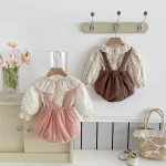 [66-100cm] 丸襟 小花柄 トップス & サロペット ロンパース - Image 17