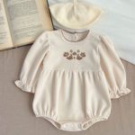 [66-100cm]韓国風 フリル プリント ロンパース