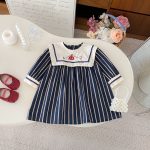 [73-130cm]レトロ 刺繍 ストライプ ワンピース - Image 3