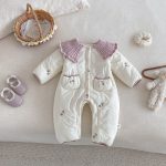 [66-90cm] 小花柄 キルティング ニット襟 あったか カバーオール - Image 5