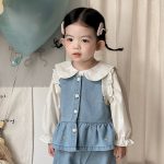 [73-100cm]ハート刺繍デニムベスト デニムパンツ 襟付きシャツ - Image 5