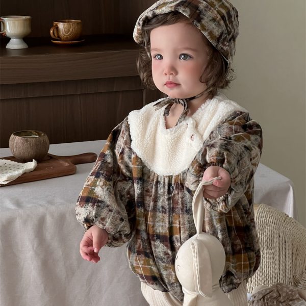 [66-90cm]レトロ チェック 暖かい ロンパース