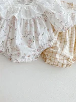 [66-90cm] フリル襟 チェックOR花柄 ロンパース - Image 4