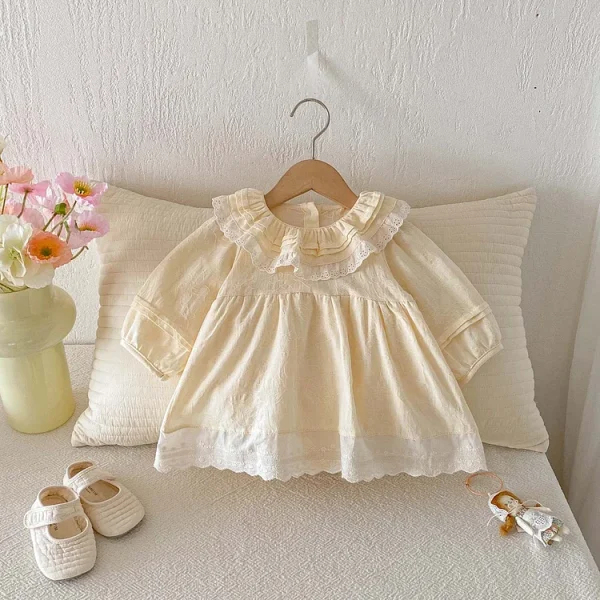[66-90cm]ワンピース フリル襟 リネン シンプル 可愛い 女の子