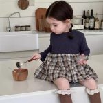 [66-100cm]ニット チェックのパッチワーク ワンピース - Image 2