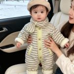 [66-100cm] グリーン×グレー ボーダー カバーオール&マフラー - Image 4