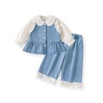 [73-100cm]ハート刺繍デニムベスト デニムパンツ 襟付きシャツ