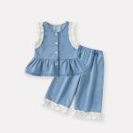 [73-100cm]ハート刺繍デニムベスト デニムパンツ 襟付きシャツ - Image 6