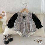 [66-90cm] 小花柄 蝶結び キルティング ロンパース - Image 4