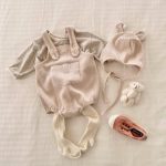 [65-90cm]サロペットロンパース&帽子 ストライプ編み シンプル 定番