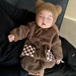 [66-90cm] もこもこ チェック ポケット ロンパース - Image 12