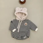 [66-90cm] 熊デザイン ボーダー ロンパース - Image 3