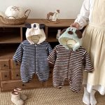 [66-90cm]ボーダー 裏起毛 フード カバーオール - Image 15