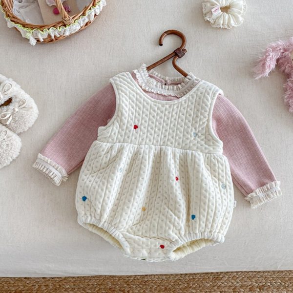 [66-90cm] カラフル ハート 裏起毛 ロンパース レース リブ インナー