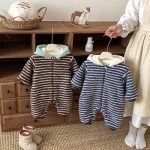 [66-90cm]ボーダー 裏起毛 フード カバーオール - Image 11