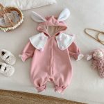 [66-90cm] ポンポン付き フード カバーオール - Image 2