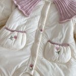 [66-90cm] 小花柄 キルティング ニット襟 あったか カバーオール - Image 7