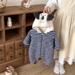 [66-90cm]ボーダー 裏起毛 フード カバーオール - Image 14