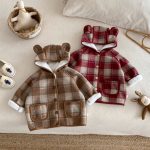 [73-120cm] チェック柄 フード付き モコモコ アウター - Image 5