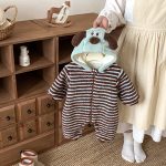 [66-90cm]ボーダー 裏起毛 フード カバーオール - Image 8