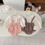 [66-100cm] 丸襟 小花柄 トップス & サロペット ロンパース - Image 9