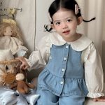 [73-100cm]ハート刺繍デニムベスト デニムパンツ 襟付きシャツ - Image 9