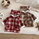 [73-120cm] チェック柄 フード付き モコモコ アウター - Image 8