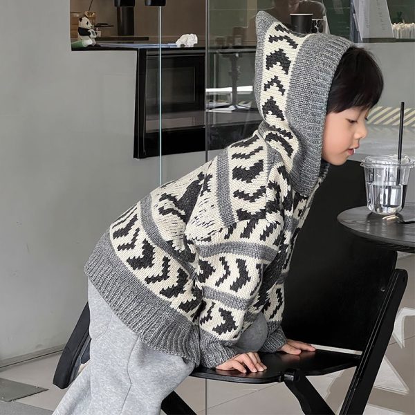 [80-150cm] フード付き ニット カーディガン