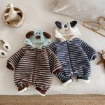 [66-90cm]ボーダー 裏起毛 フード カバーオール - Image 16