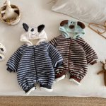 [66-90cm]ボーダー 裏起毛 フード カバーオール - Image 9