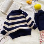 [66-90cm] ボーダー ニット カーディガン&パンツ セット - Image 9