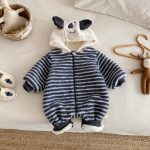 [66-90cm]ボーダー 裏起毛 フード カバーオール - Image 2