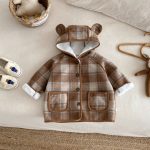 [73-120cm] チェック柄 フード付き モコモコ アウター - Image 7