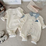 [66-90cm] チェック襟 車プリント オールインワン - Image 9