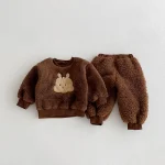 [80-130cm] ノーカラー ウサギor熊柄 ボア セットアップ - Image 8