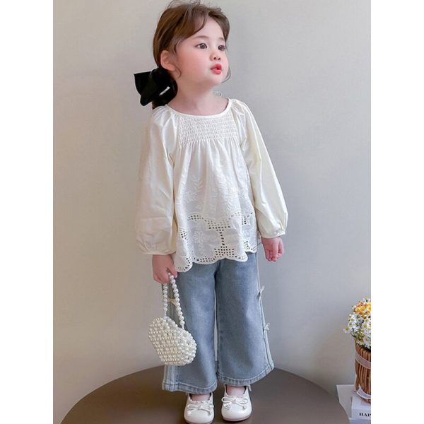 [90-140cm]リボン付き デニム ロングパンツ