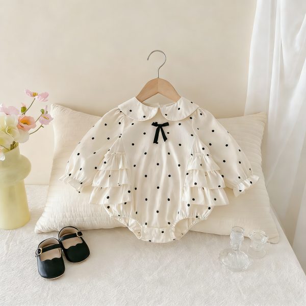 [66-90cm]ロンパース ベビー 可愛い リボン付き ドット柄